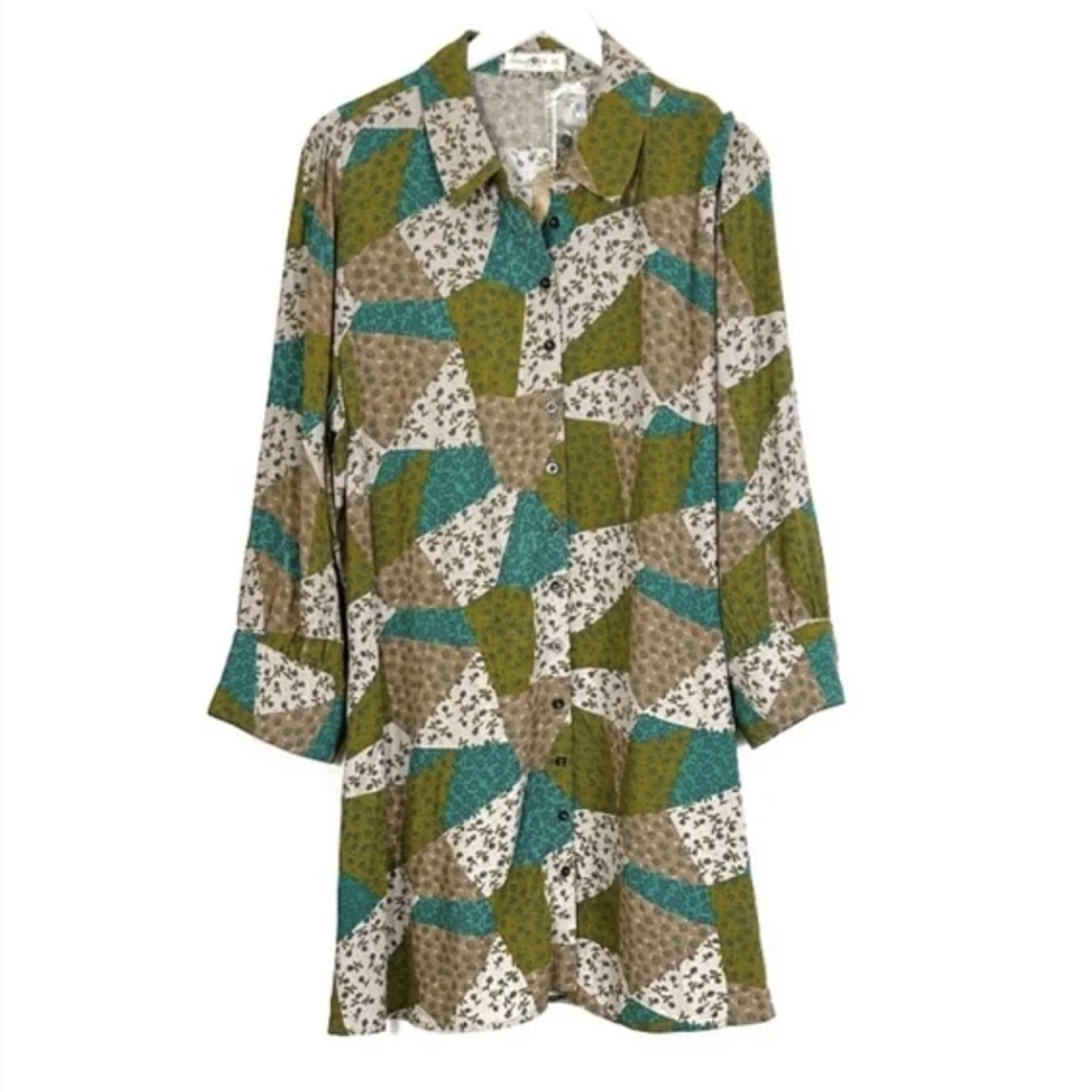 Button-Down Patchwork Print Tunic Dress in Teal, … - image 1